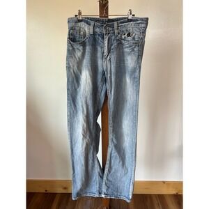 Helix Mens Relaxed Bootcut Jeans 30x32 Light Wash Distressed Cross Stitch Y2K